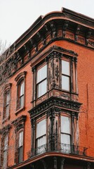Fototapeta premium Ornate red brick building corner, city street, overcast sky, architectural detail, historical preservation