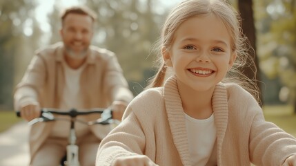 Obraz premium Smiling girl riding a bike with father in sunny park