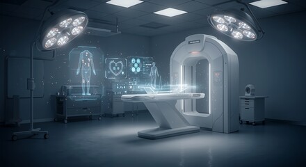 Innovative CAT scan machine in clinic with futuristic technology interface. Medicine and healthcare concept for banner, advertising, flyer.