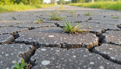 Crumbling pavement with wild grass growing through in a nature-inspired urban environment
