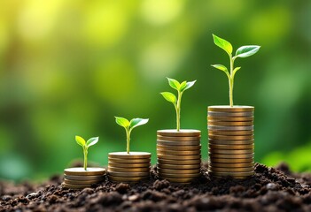 Growing money tree concept showing financial growth. Green plants sprouting from stacked coins on soil. Business success and investment metaphor. Sustainable money growth with nature background