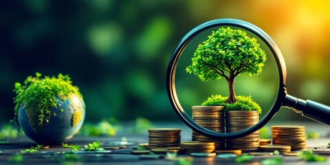 Growing tree on coins in magnifying glass and green earth globe, sustainable investment and environmental growth concept for business and finance banner design