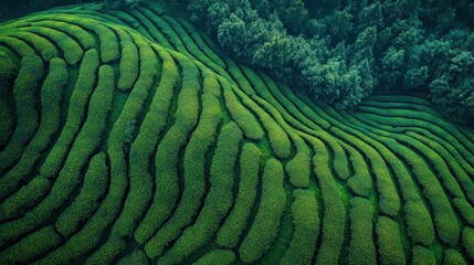 Fototapeta premium Aerial view of lush green rice terraces forming a mesmerizing pattern on hillside
