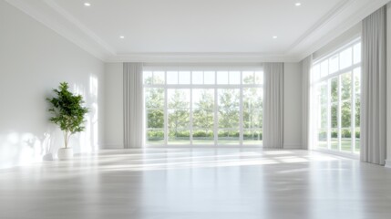 Fototapeta premium Empty White Room with Large Windows Overlooking Garden. Interior Design