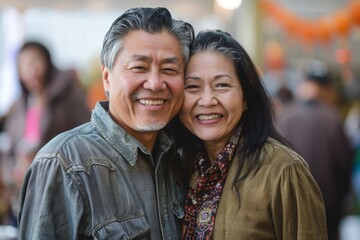Fototapeta premium Portrait of a smiling asian couple in their 30s attending a cultural event
