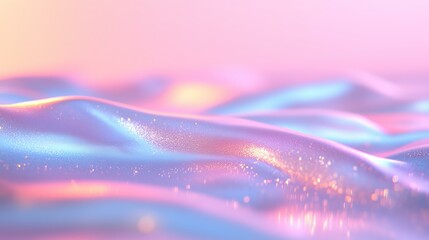 Abstract iridescent waves with pink and blue gradients in a dreamy surreal landscape