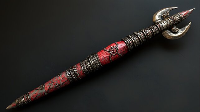 Ornate Red and Gold Ceremonial Trishool Dagger on Dark Background.