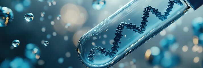 Futuristic Medical Serum Bottle Floating Amidst DNA Structures and Carbon Molecules. High-Resolution 3D Rendering with Light Blue Tones, Water Droplets, and Cinematic Effects for Advanced Biotechnolog