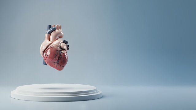 Human heart model on podium against blue background. Healthcare concept for banner, poster, flyer, card, advertising, presentation, design with copy space.