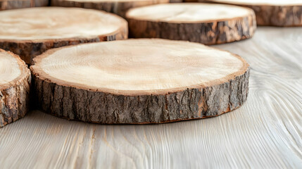 Fototapeta premium Round wooden log slices with natural bark are arranged on a light wooden table in bright daylight.