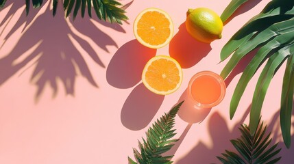 Flat Lay Summer Essentials on Pastel Pink Surface