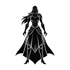 A powerful silhouette of a knight woman, standing tall with armor and a raised sword, exuding strength and bravery, her posture ready for battle, set against a dramatic backdrop.
