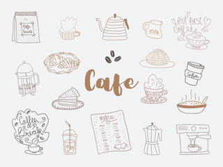 Set of Coffee clipart files, Cafe vector elements, coffee shop, croissant, breakfast, pie,desserts. Hand Drawn caffeteria outline illustrations