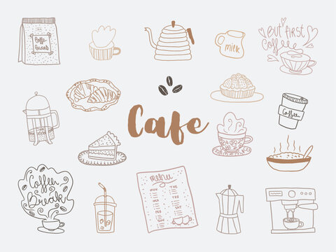 Set of Coffee clipart files, Cafe vector elements, coffee shop, croissant, breakfast, pie,desserts. Hand Drawn caffeteria outline illustrations