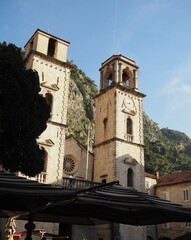 Historic clock tower cathedral in the Old Town of Kotor, Montenegro