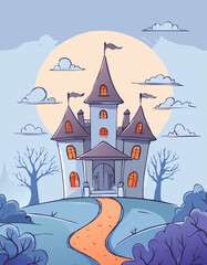 Mystical Castle Illustration with Moonlit Sky and Whimsical Charm