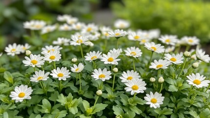 Fototapeta premium A lush garden brimming with daisies invites attention with their white petals and bright yellow centers. These blooms create a cheerful tapestry, symbolizing beauty and vitality in nature.