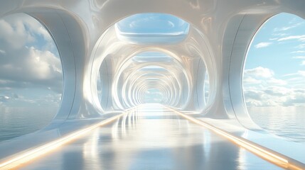 Fototapeta premium Futuristic White Corridor Overlooking a Calm Ocean