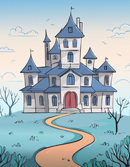 Mysterious Fantasy Castle with Blue Roofs in a Dreamy Landscape