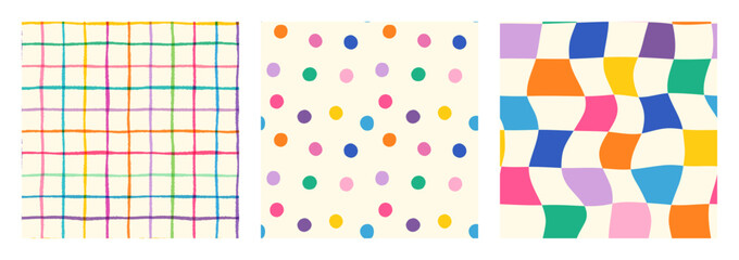 Colorful vector set with hand drawn groovy summer wavy plaid check, irregular polka dot design, striped lines for cute kids designs