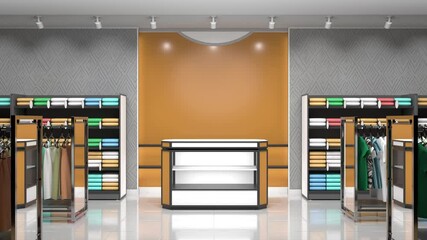 Clothing shop interior mockup. Display cases with clothes, hangers for clothes with mirrors, counter display, hanging banners gradually appear. 3d animation