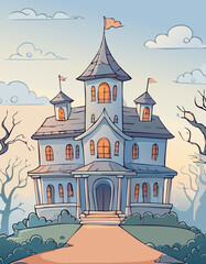 Whimsical Fairytale Castle Illustration in Pastel Colors