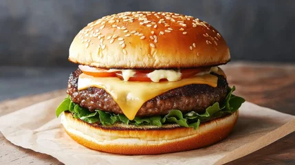 Poster Restaurant Close up of a gourmet burger with melted cheese, rich textures, food branding, sharp delicious details  © MarinkaLev