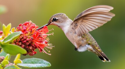 Naklejka premium Close up of a hummingbird drinking nectar from a bright red flower, wings frozen in midair, natural beauty, warm morning light