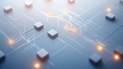 Obraz premium Abstract flowchart with glowing nodes and connections illustrating business process optimization and efficiency.