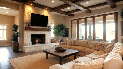 A living room with a fireplace and a couch in front of it.