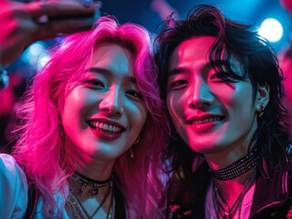 Fototapeta premium Two K-pop idols in neon lights share a joyful selfie post-concert, capturing the vibrant energy and camaraderie of the moment. Generative AI