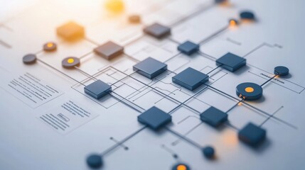 Abstract flowchart with glowing nodes and connections illustrating business process optimization and efficiency.