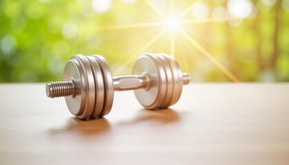 Shiny adjustable dumbbell on wooden surface with sunlight and greenery, symbolizing outdoor fitness, strength, and a healthy lifestyle
