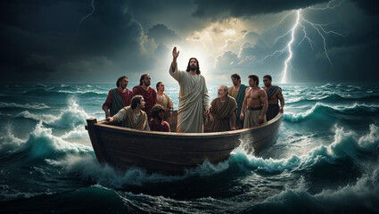 Jesus calming the storm, guiding disciples in a boat on turbulent sea