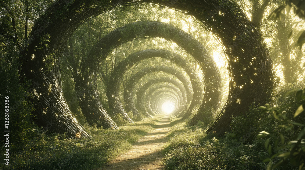 Poster An enchanted fractal forest, where trees morph into spiraling energy fields.