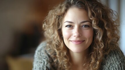 Naklejka premium Smiling Woman with Curly Hair in Natural Light