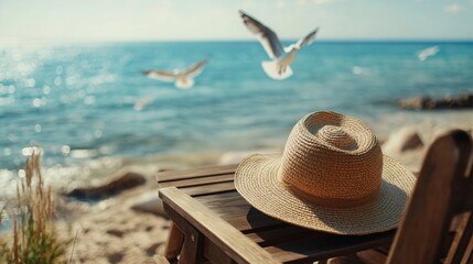 Serene seashore escape with hat on lounger and soaring seabirds under the sun light