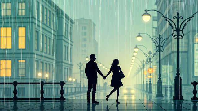 Rainy Romance: Couple Walking in the Rain