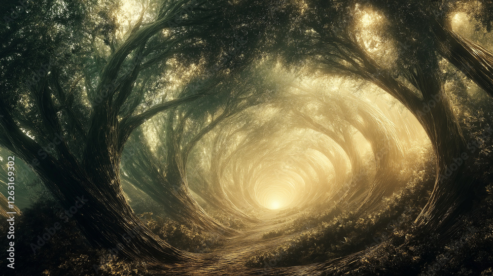 Poster An enchanted fractal forest, where trees morph into spiraling energy fields.