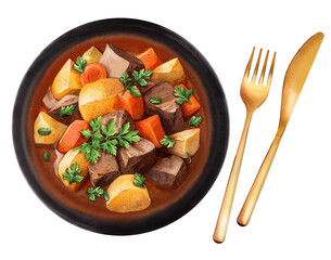 Traditional Irish stew in a black plate. Watercolor illustration