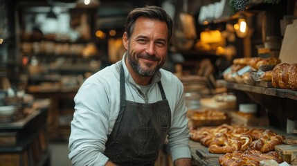 Baker smiling proudly in his bakery shop