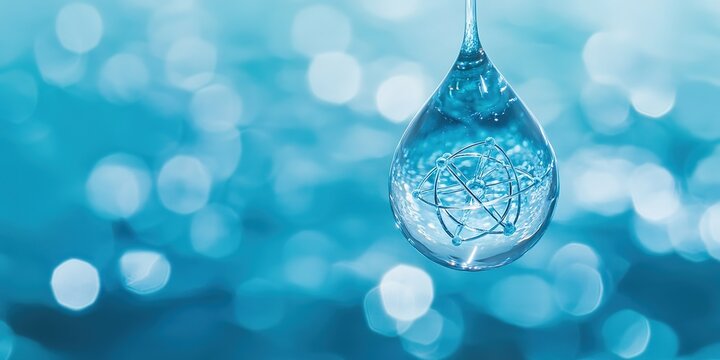 Innovative Water Droplet with Atomic Model: Abstract Marketing Background for Clean Drinking Water. Blue Serene Backdrop Emphasizing Purity and Freshness. Ideal for Cosmetic Promotions and Health Camp