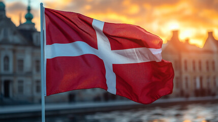 Waving Flag of Denmark Against a Beautiful Sunset Backdrop Near Historic Architecture