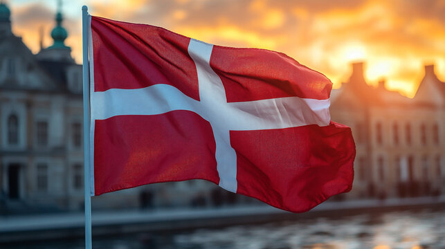Waving Flag of Denmark Against a Beautiful Sunset Backdrop Near Historic Architecture
