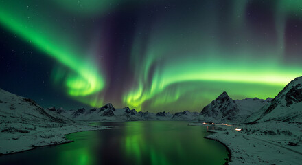 Naklejka premium Mesmerizing Northern Lights Dancing Over a Tranquil Lake, Illuminating the Starry Night Sky with Vibrant Colors—A Breathtaking Winter Landscape with Snowy Mountains in the Distance