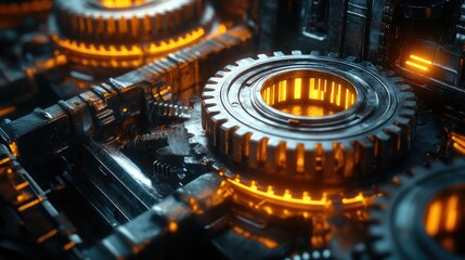 Intricate Metal Gears Glowing Orange Within Complex Machinery