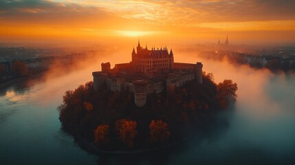 Naklejka premium Majestic Chateau Island Sunrise Foggy River