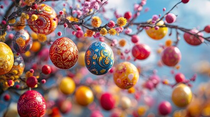 Obraz premium vibrant Easter egg tree with branches adorned with colorful, intricately decorated eggs and blossoms, creating festive and cheerful atmosphere against clear sky. 