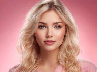 Naklejka premium A close-up portrait of a young blonde woman with soft waves, flawless skin, and a warm expression against a pink background. Generative AI