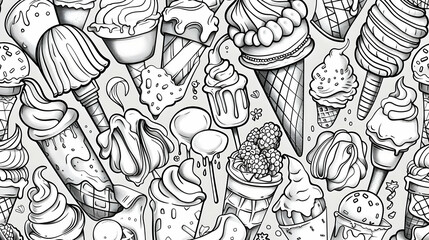 Naklejka premium A vibrant assortment of ice cream cones and sundaes displayed in a playful, artistic pattern